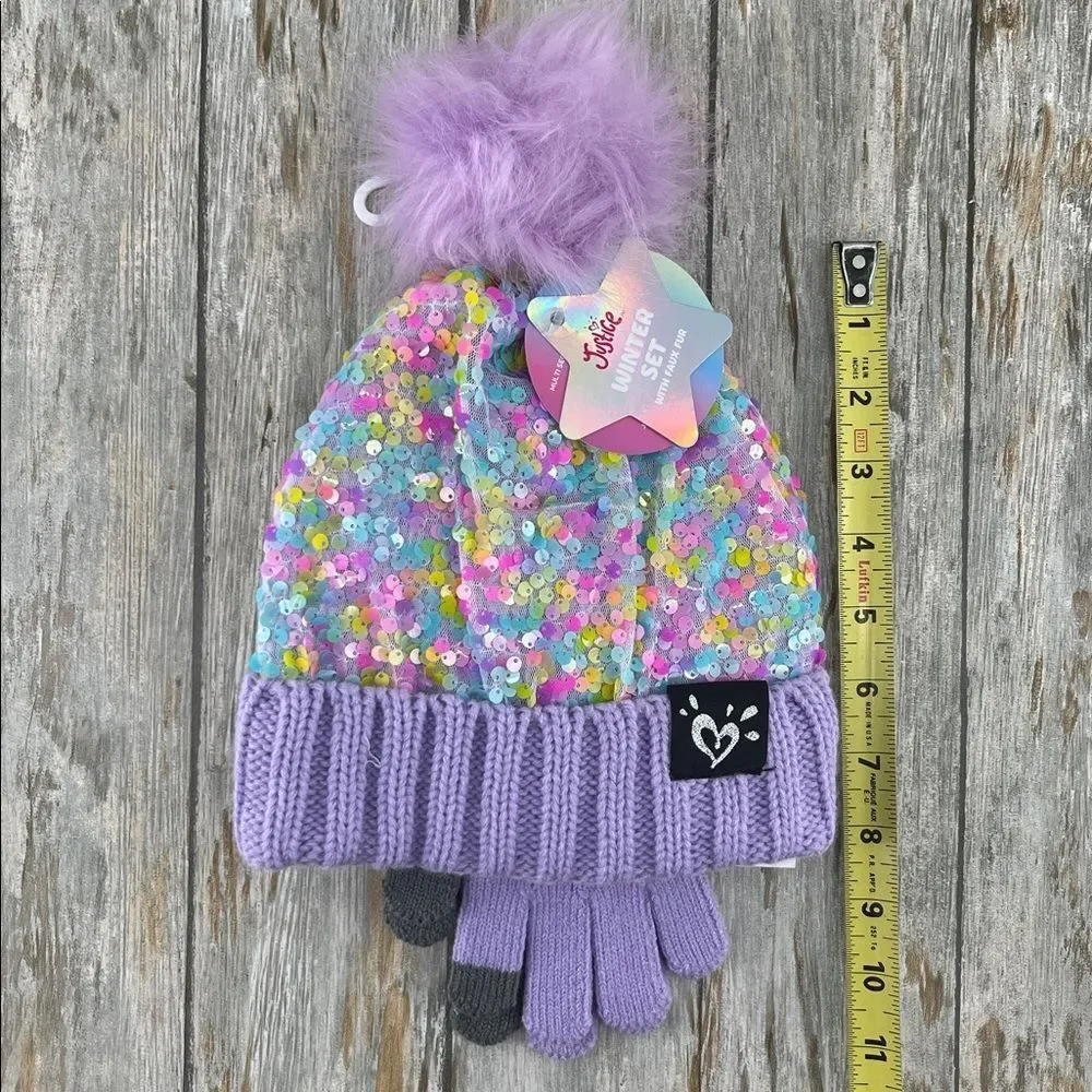 Girls Justice Sequin Cable Knit Hat and Gloves Set Pink 2-Pack